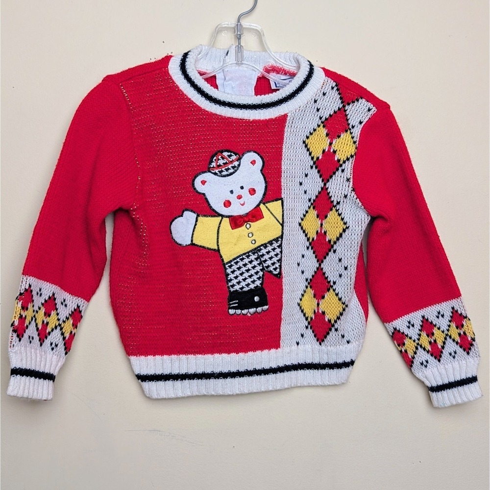 Vintage Doe Spun Bear‎ Argyle Holiday Knit Sweater 80s Toddler Size 24 Months